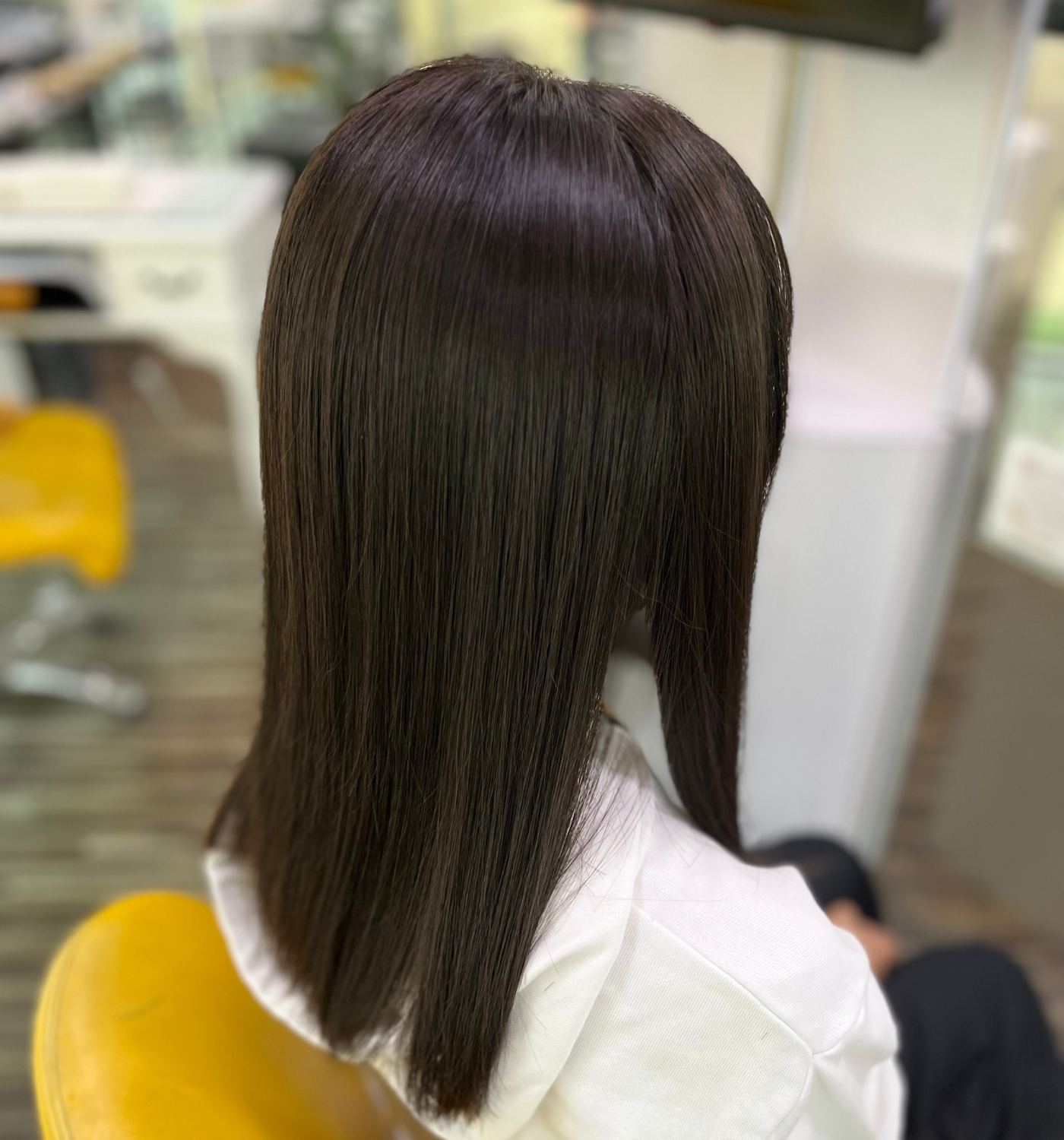 ツヤのあるダークブラウンのストレートの後ろ姿