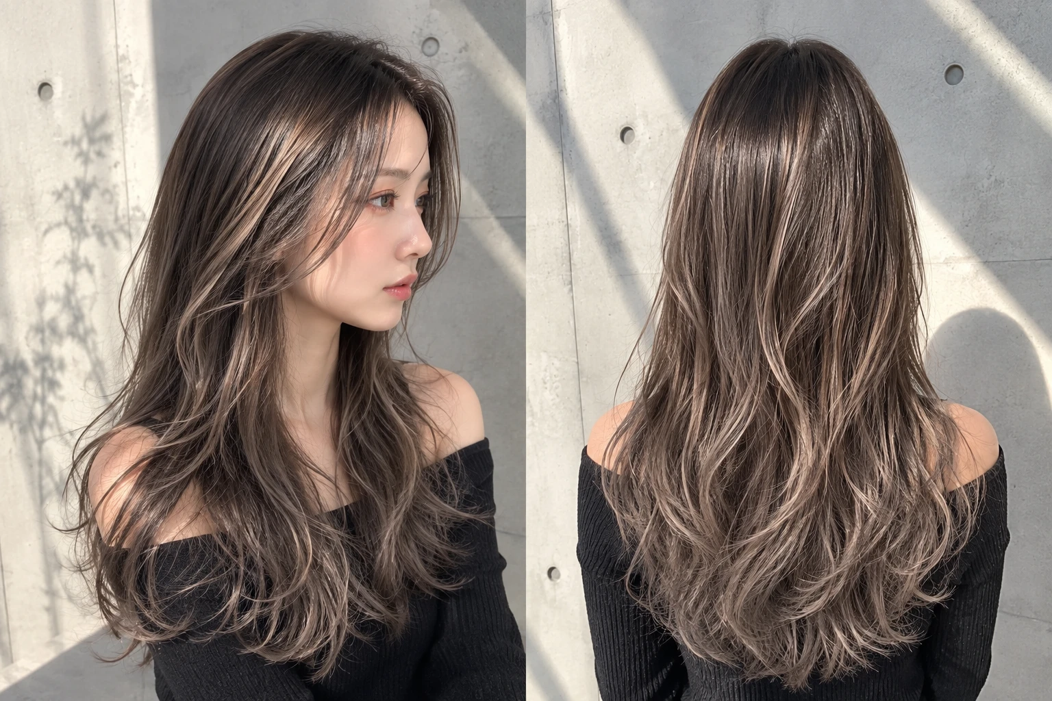 レイヤーカットとハイライトの艶髪ロングヘアー