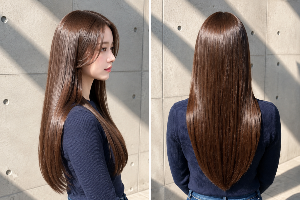 チェスナットブラウンの艶髪ロングヘアー