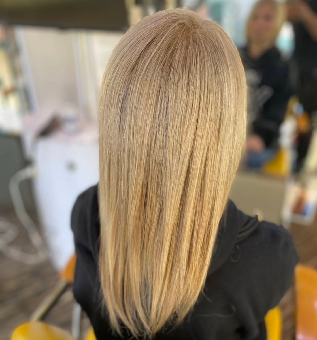 ブリーチで明るくした、ブロンドのロングヘアの後ろ姿